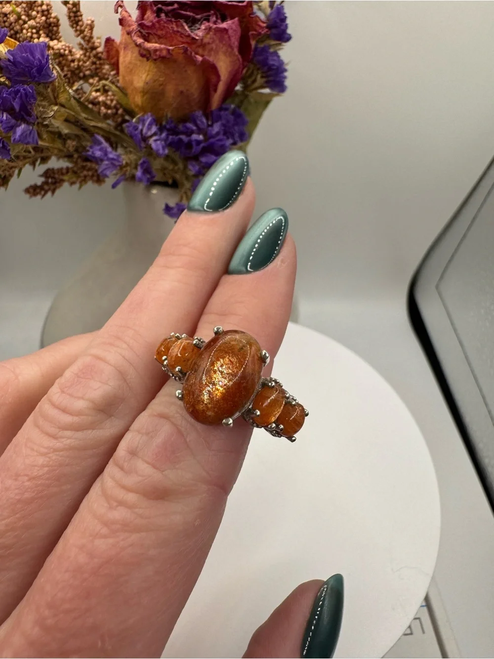 Sunstone Cabochon Multi-Stone Sterling Silver Cocktail Ring (Size 9)